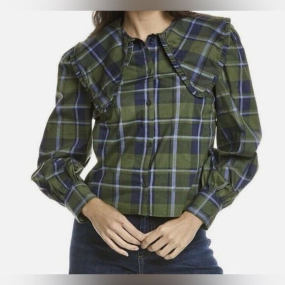 WeWoreWhat Collar Puff Sleeves Plaid Blouse NWT Size XS - Picture 1 of 9